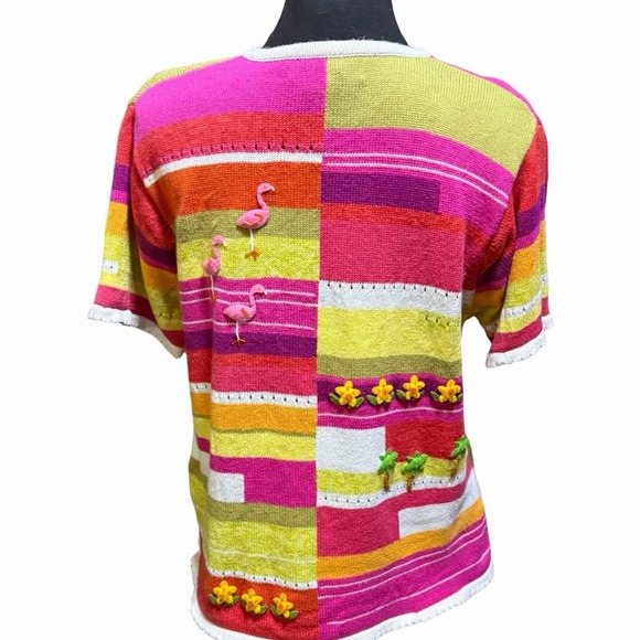 Susan Bristol Flamingo Tropical Embellished Large Short Sleeve Cardigan Top - Picture 4 of 9